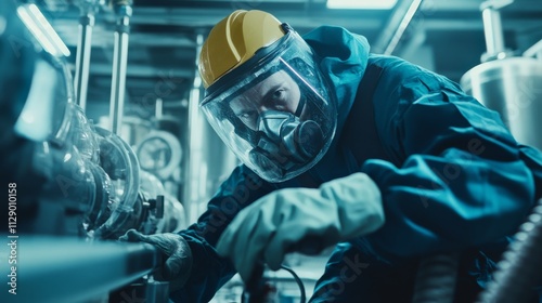 A worker in protective gear inspects machinery in an industrial setting, highlighting safety and meticulousness in a high-tech environment. photo