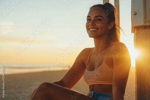 A happy confident woman with a ponytail, wearing denim shorts and a tank top, sitting on a lifeguard tower on Santa Monica beach, sunset golden light, cinematic close-up shot 4 photo