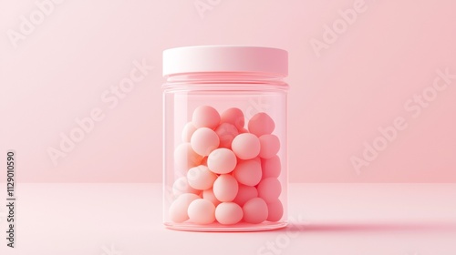 Clear jar filled with soft pink spherical objects against a light pink background