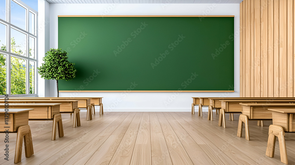 Bright classroom featuring wooden desks, a green chalkboard, and large windows with natural light illuminating the space.