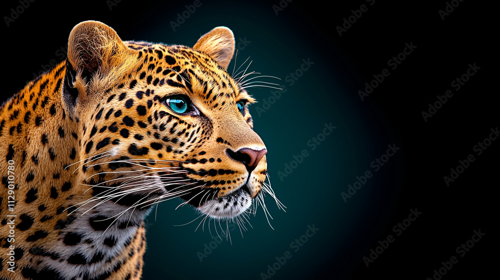 Fototapeta premium A close-up of a leopard's face showcasing its distinctive spots and striking blue eyes against a dark background.