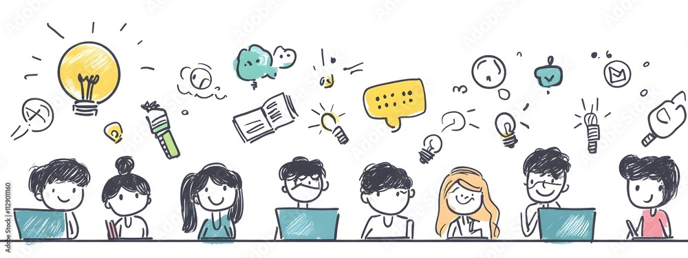 Fototapeta premium A cartoon drawing of students sitting around an office table, each with their own laptop and paper, surrounded by colorful symbols representing ideas