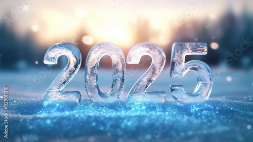 Wallpaper Mural  Frozen Future: Illuminated Numerals "2025" Crafted from Ice, Glowing in a Vibrant Sunset, Against a Serene Winter Landscape. Torontodigital.ca