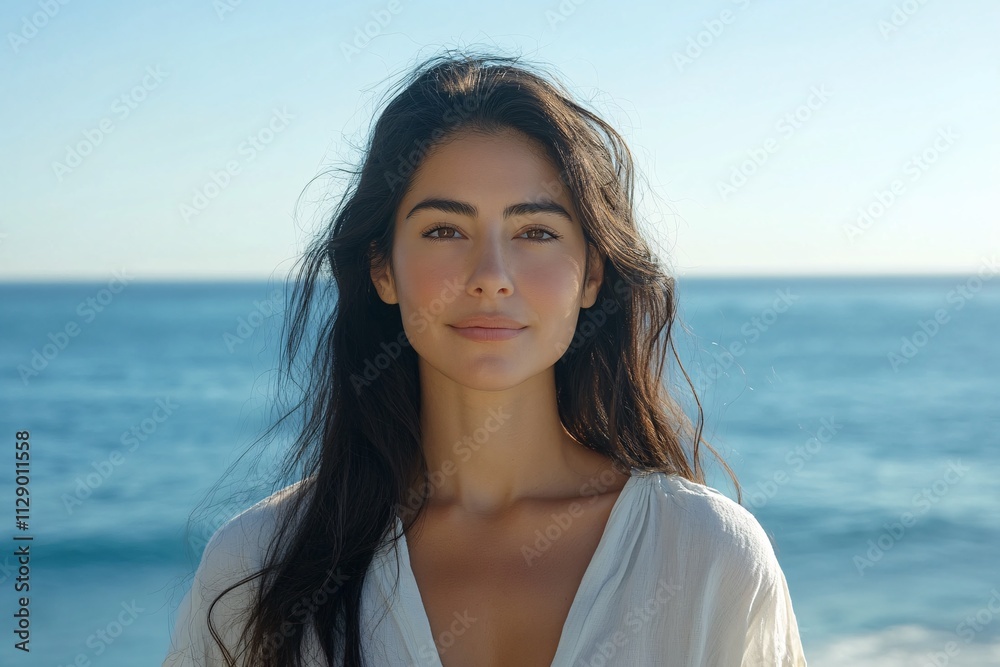 A confident woman with long flowing hair, wearing a white blouse, standing against the Santa Monica ocean background, bright sunlight, cinematic, vibrant mood, medium close-up 1 A confident woman with long flowing hair, wearing a white blouse, standing against the Santa Monica ocean background, bright sunlight, cinematic, vibrant mood, medium close-up 1