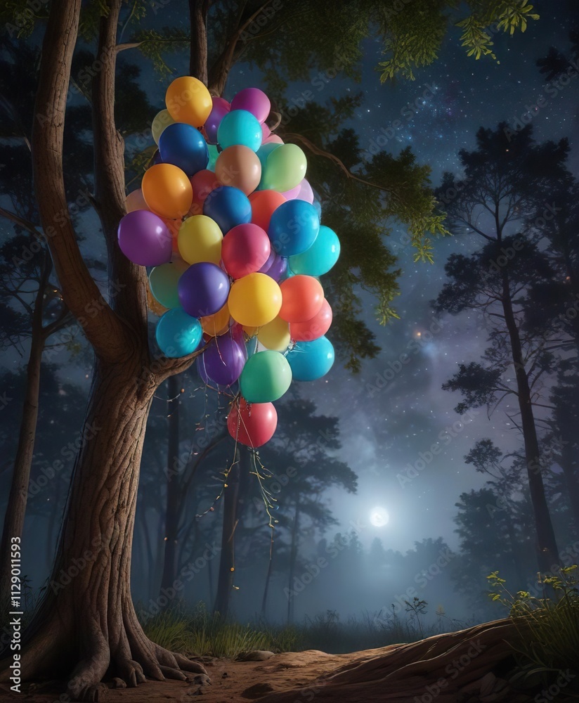 bunch of colorful balloons tied to a tree branch in a starry night ...