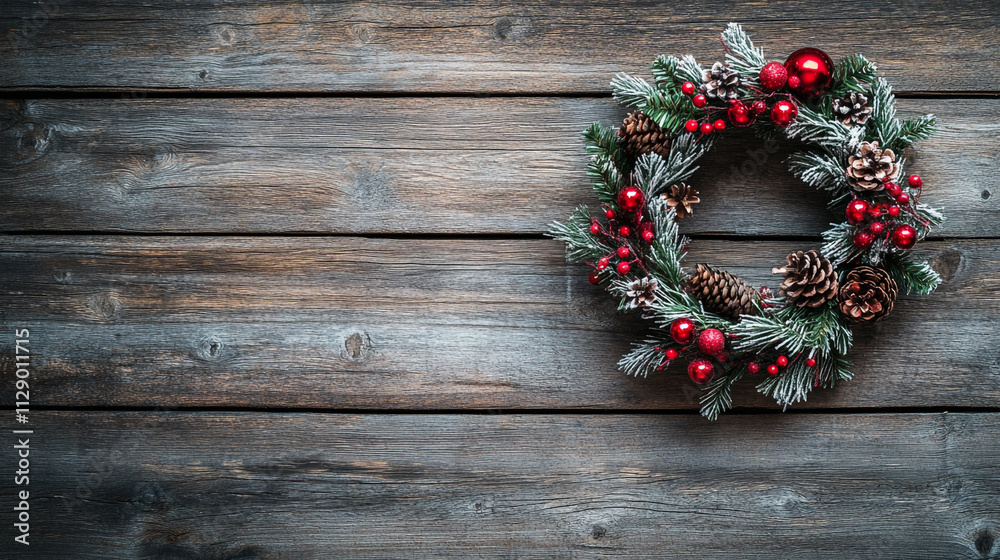 Beautiful winter wreath decorated with red ornaments and pine cones on rustic wooden background