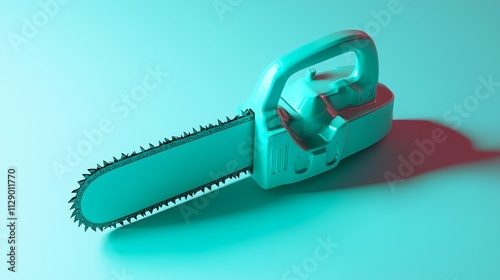 Chainsaw on a teal surface with dramatic lighting showcasing its design and details photo