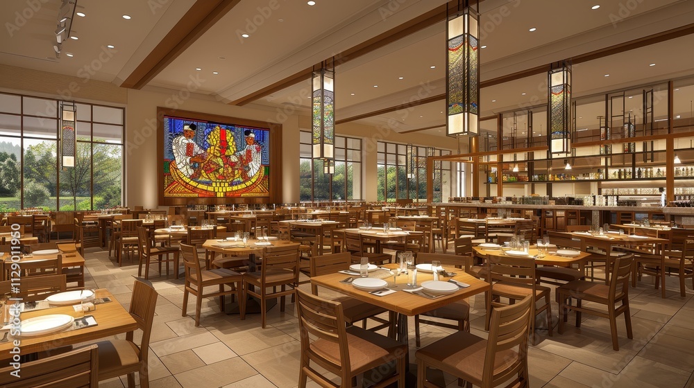 Elegant and Inviting Restaurant Interior with Stained Glass Accents