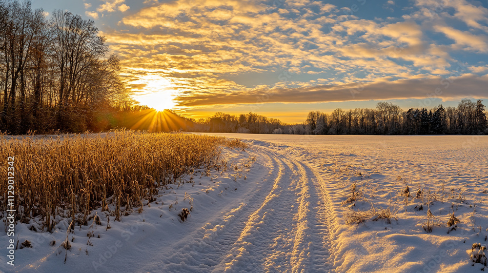 Winter sunset over a snowy field with a winding path and trees in the background Winter sunset over a snowy field with a winding path and trees in the background
