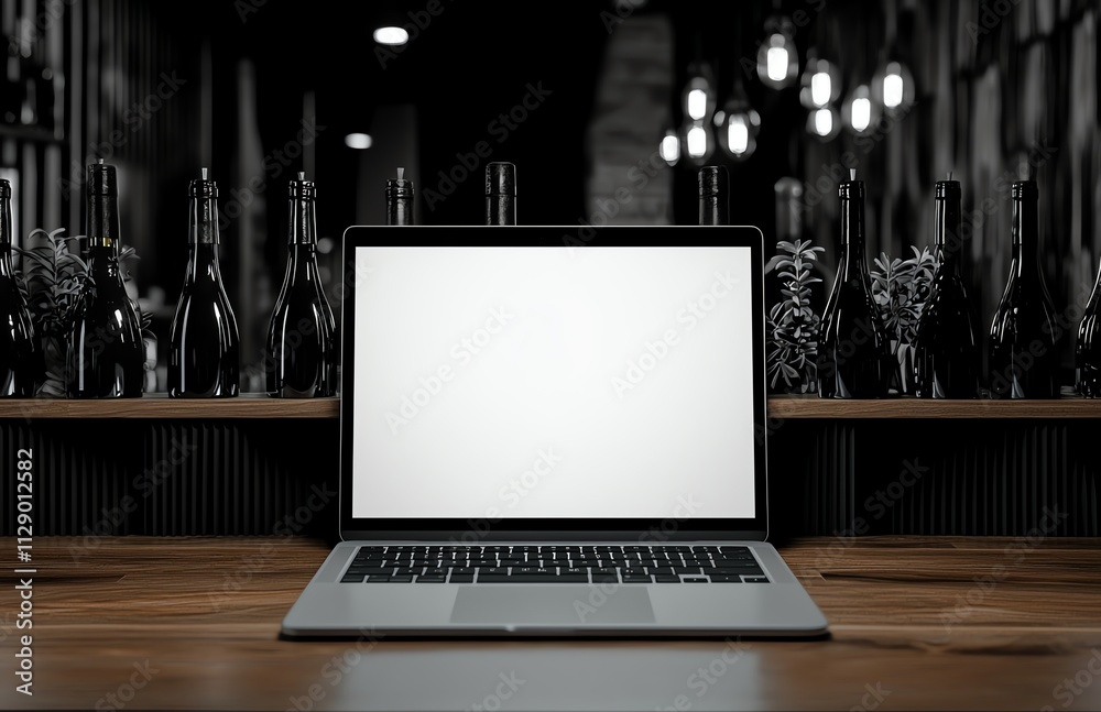 A sleek laptop with a blank screen sits on a wooden table in a modern cafe, surrounded by elegant wine bottles. Ideal for showcasing technology or remote work environments. A sleek laptop with a blank screen sits on a wooden table in a modern cafe, surrounded by elegant wine bottles. Ideal for showcasing technology or remote work environments.