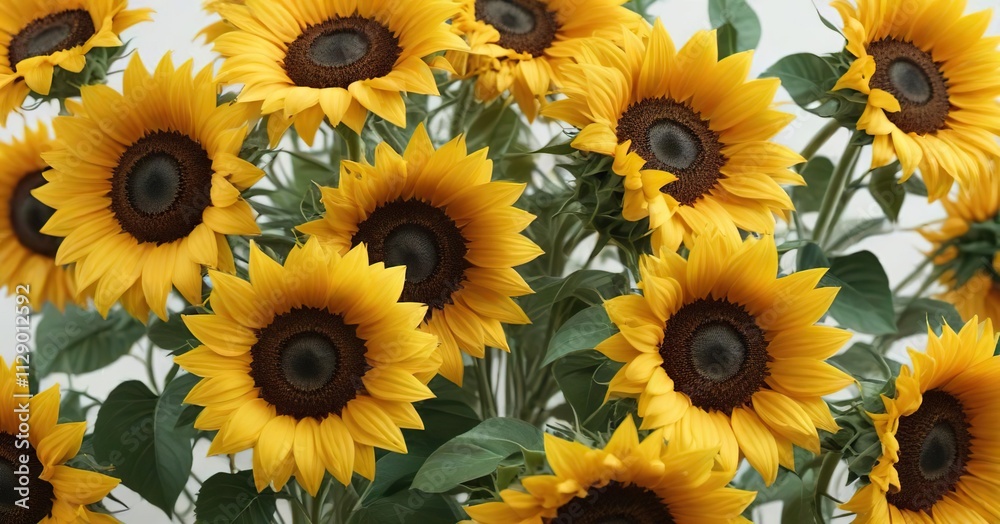 Fototapeta premium A large sunflower bouquet in full bloom on a crisp white background, white background, sunflowers