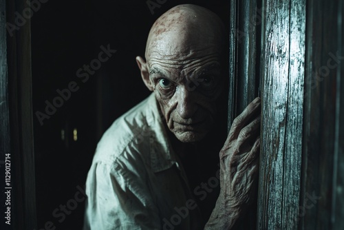 Terrifying bald elderly man with sunken face, bony arms reaching through a door crack, faint glow from behind, dark room, horror-filled ambiance, medium close-up 1