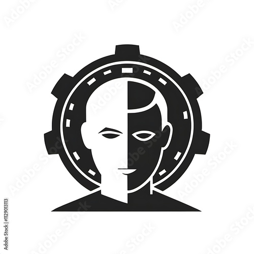 Human and Machine:  A powerful symbol of the future,  a man's head with half of his face human and the other half a machine,  is framed by a cogwheel. photo