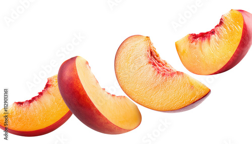 Flying peach slices isolated on white or transparent background photo