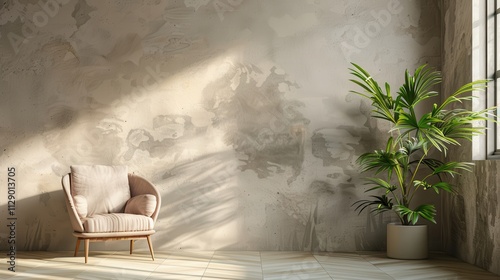 Wallpaper Mural Chic interior showcasing a sleek armchair and a leafy plant beside a neutral plaster wall Torontodigital.ca