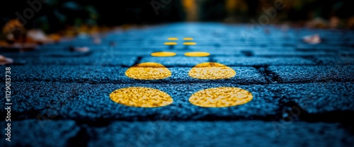 Guiding Path Yellow Dots on a Dark Cobblestone Road photo