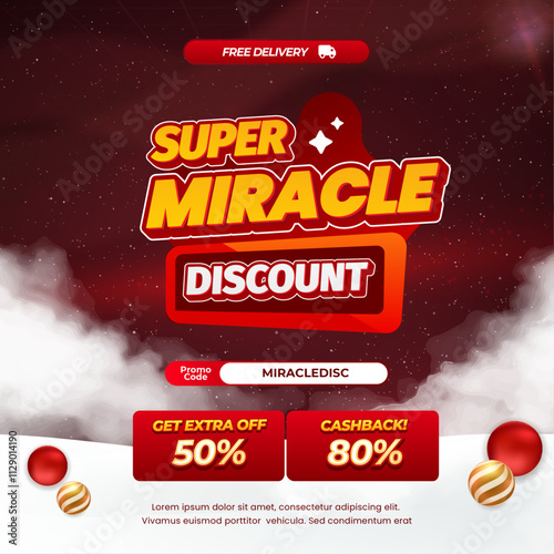 Super Miracle Shopping day Sale discount deals Editable text with soft dark red gradient Snow Cloudy popup banner