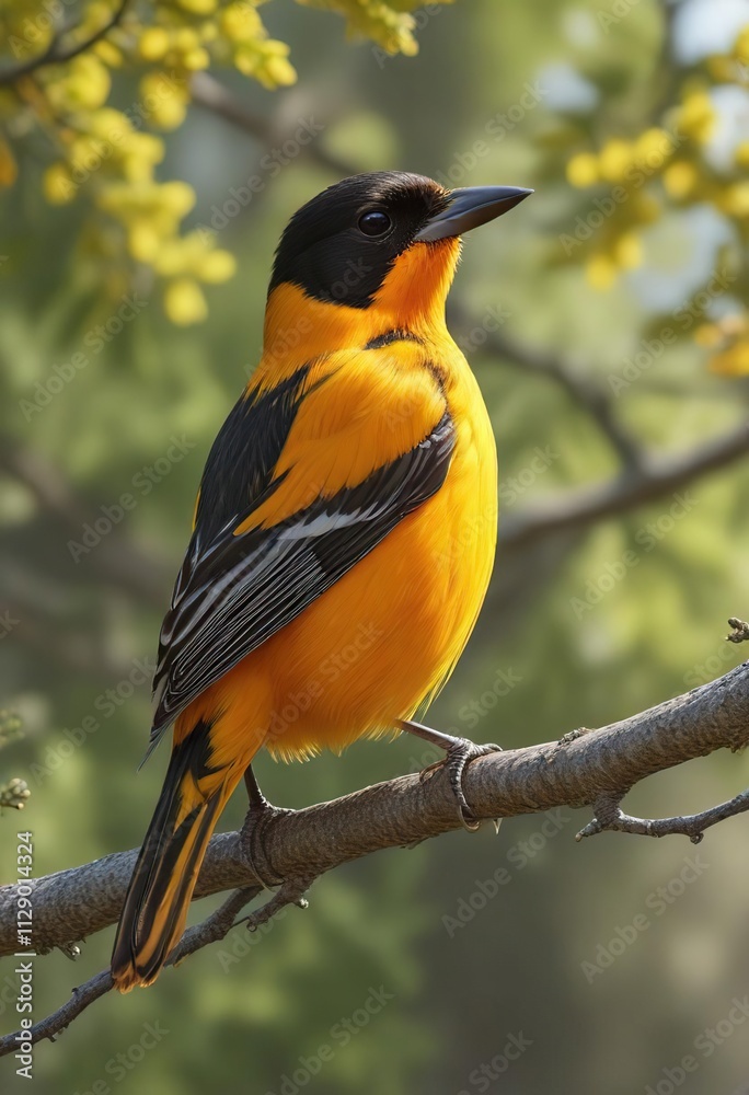 A Baltimore Oriole perched on a thin branch suspended in air, thin branch, natural habitat A Baltimore Oriole perched on a thin branch suspended in air, thin branch, natural habitat