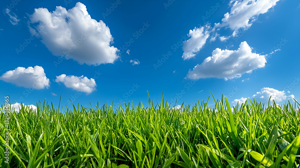 Lush green grass under a bright blue sky dotted with fluffy white clouds creates a serene and vibrant outdoor scene. Lush green grass under a bright blue sky dotted with fluffy white clouds creates a serene and vibrant outdoor scene.