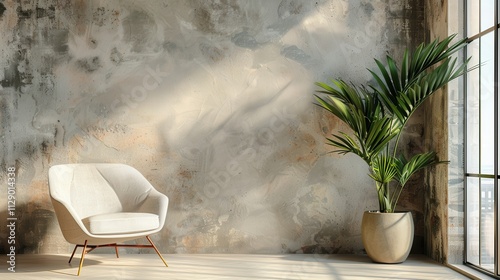 Wallpaper Mural Chic interior showcasing a sleek armchair and a leafy plant beside a neutral plaster wall Torontodigital.ca