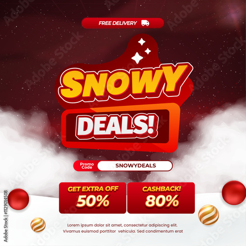 Snowy Shopping day Sale discount deals Editable text with soft dark red gradient Snow Cloudy popup banner