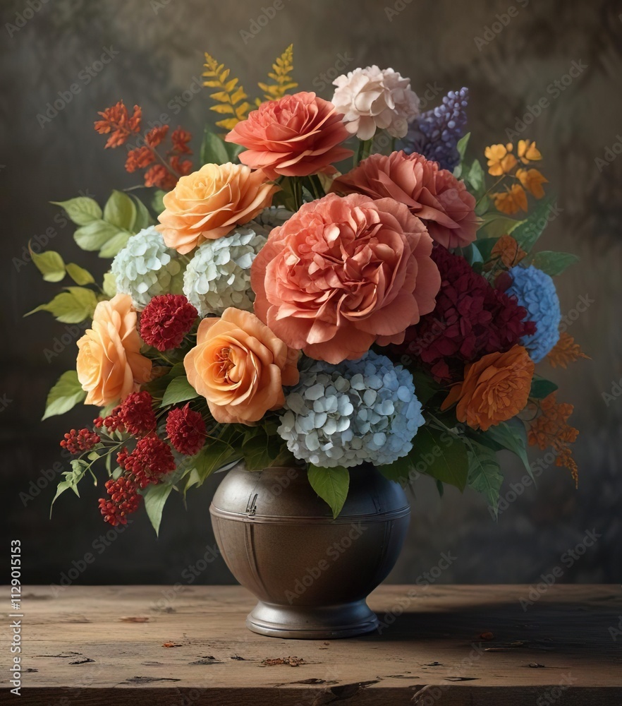 Fototapeta premium Autumn bouquet with roses and hydrangeas in a rustic vase, rose bouquet, country charm
