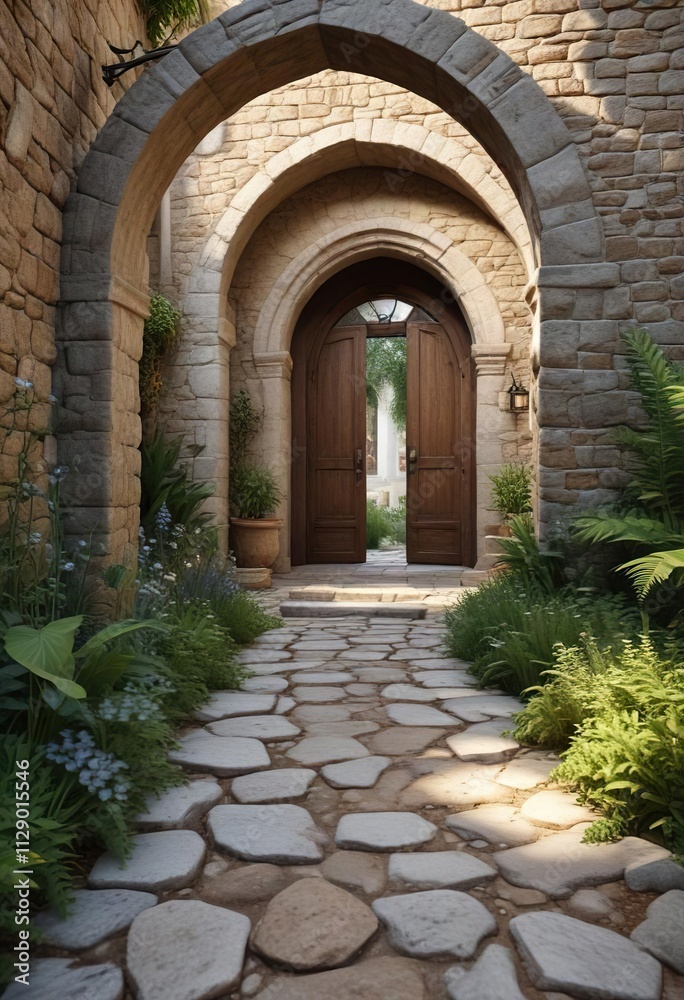 Fototapeta premium A rustic stone pathway leads to a spacious arched doorway, garden, wooden gate, stone pathway