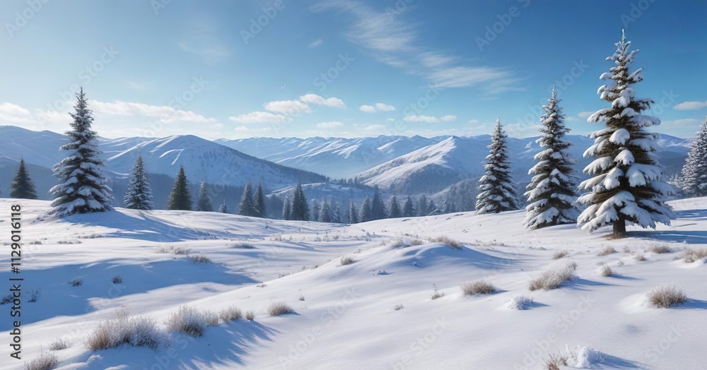 A beautiful Christmas landscape with rolling hills, snow-covered trees, and a bright blue sky, beautiful, holiday season A beautiful Christmas landscape with rolling hills, snow-covered trees, and a bright blue sky, beautiful, holiday season