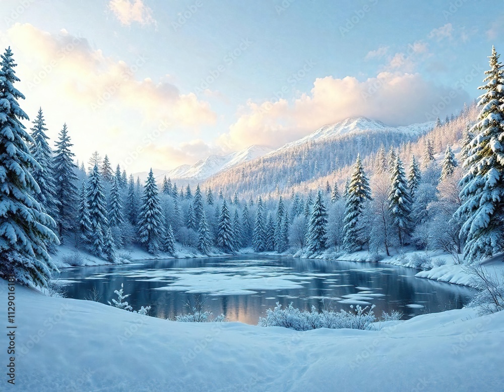 Winter landscape with snow-covered trees and frozen lake, peaceful scenery, icy surface, calm night Winter landscape with snow-covered trees and frozen lake, peaceful scenery, icy surface, calm night