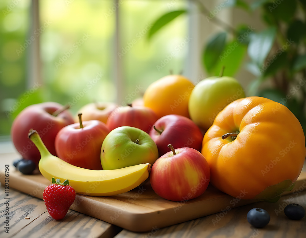 Fresh fruit arranged naturally on a wooden table with plenty of natural light for a healthy and inviting atmosphere._00002_ Fresh fruit arranged naturally on a wooden table with plenty of natural light for a healthy and inviting atmosphere._00002_