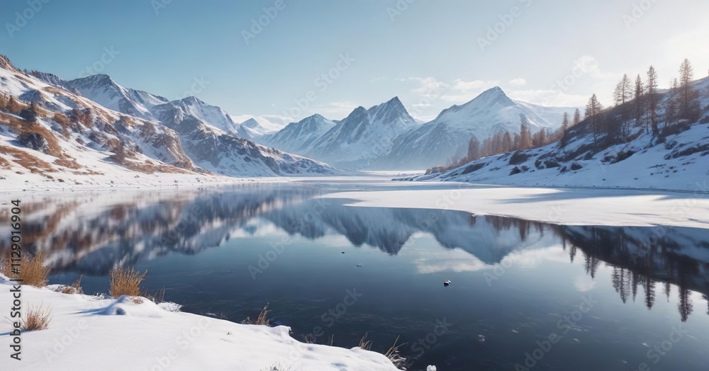 snow-covered landscape with rolling hills and frozen lake , serene beauty, frozen lake, frosty conditions snow-covered landscape with rolling hills and frozen lake , serene beauty, frozen lake, frosty conditions