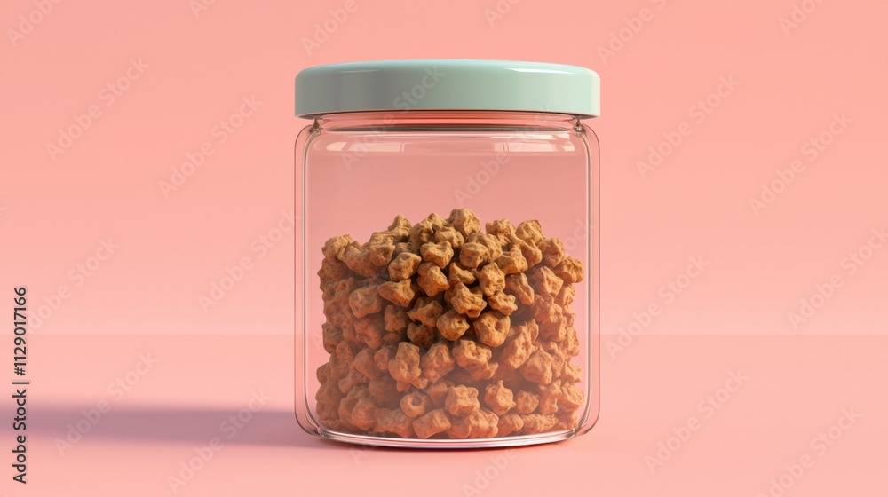 Crunchy popcorn snack displayed in a clear jar against a pastel background Crunchy popcorn snack displayed in a clear jar against a pastel background