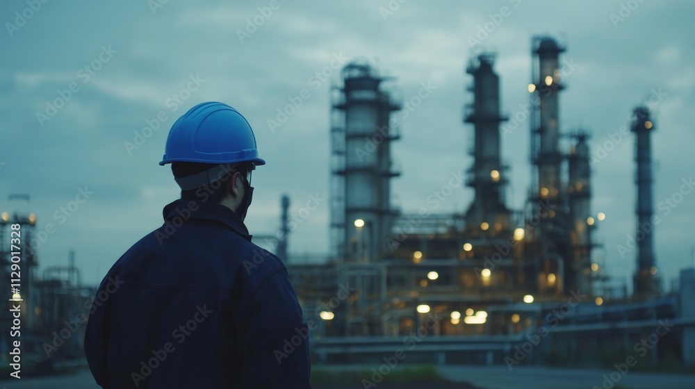 Worker Observing Industrial Facility at Dusk Worker Observing Industrial Facility at Dusk