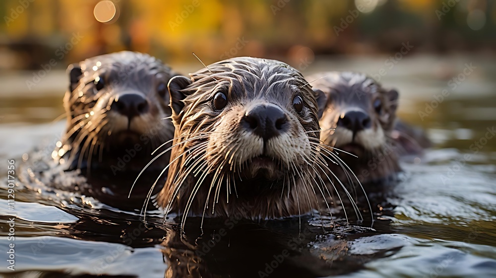 Three otters swimming in dark water, looking at the camera. Three otters swimming in dark water, looking at the camera.