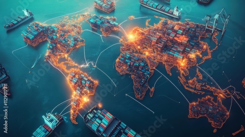 Fototapeta Naklejka Na Ścianę i Meble -  Vibrant world map with glowing trade routes connecting China globally