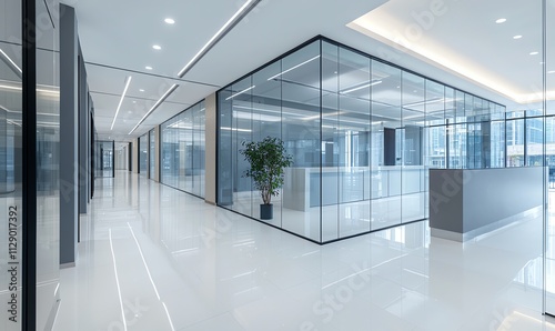 Modern office interior with glass partitions and sleek design. Brightly lit spaces enhance productivity and collaboration in a professional environment.