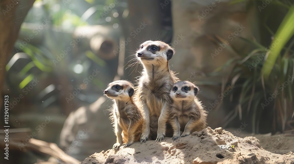 Fototapeta premium Three meerkats, two young and one adult, sit alertly on a mound of sand, basking in sunlight.