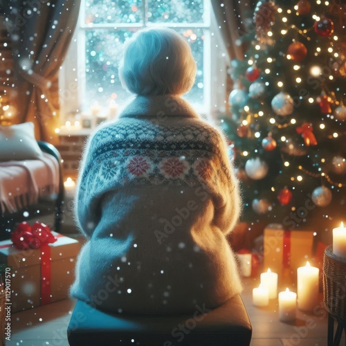 Back view of lonely old woman sitting by her selves at nursing home, Christmas time. Christmas Eve snowfall, New Year's background outside
 photo