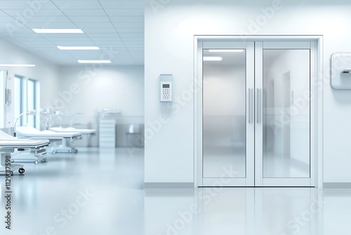 A modern hospital hallway featuring a sliding glass door, clean lines, and bright lighting