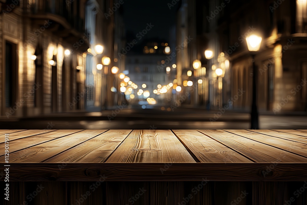 This image showcases a beautifully lit street at night with a wooden table in the foreground. The ambiance creates a cozy atmosphere perfect for outdoor dining or gatherings. This image showcases a beautifully lit street at night with a wooden table in the foreground. The ambiance creates a cozy atmosphere perfect for outdoor dining or gatherings.