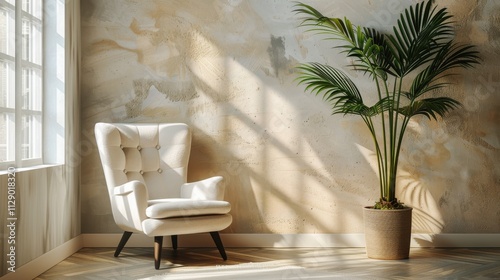 Wallpaper Mural Chic interior showcasing a sleek armchair and a leafy plant beside a neutral plaster wall Torontodigital.ca