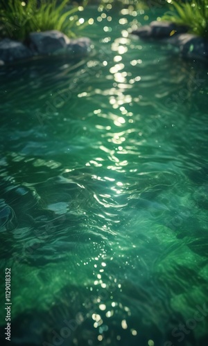 Sparkling bokeh effect in a pool of shimmering green water, abstract landscape, ocean scene