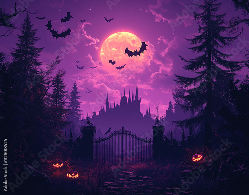 purple Halloween spooky background with old castle and full moon