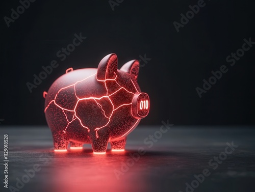 A glowing, cracked piggy bank emits red light against a dark background, symbolizing savings and financial growth.
