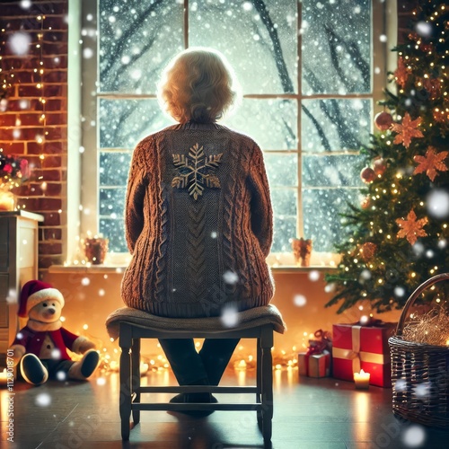 Back view of lonely old woman sitting by her selves at nursing home, Christmas time. Christmas Eve snowfall, New Year's background outside
 photo