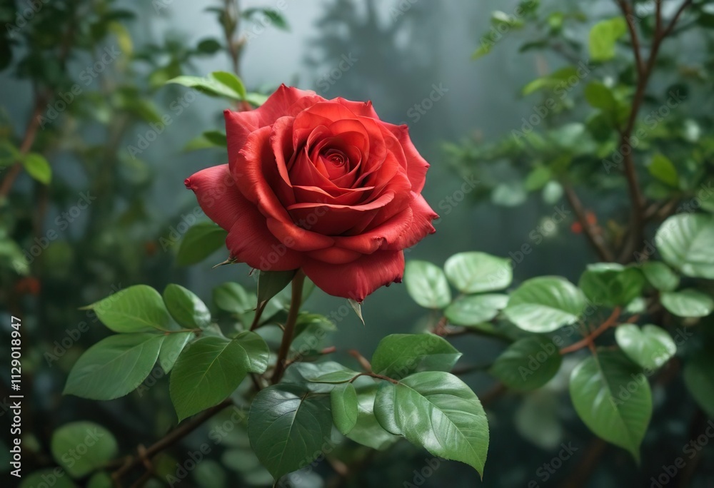 A beautiful red rose is nestled among delicate green leaves on a slender branch, red rose bloom, botanical art A beautiful red rose is nestled among delicate green leaves on a slender branch, red rose bloom, botanical art