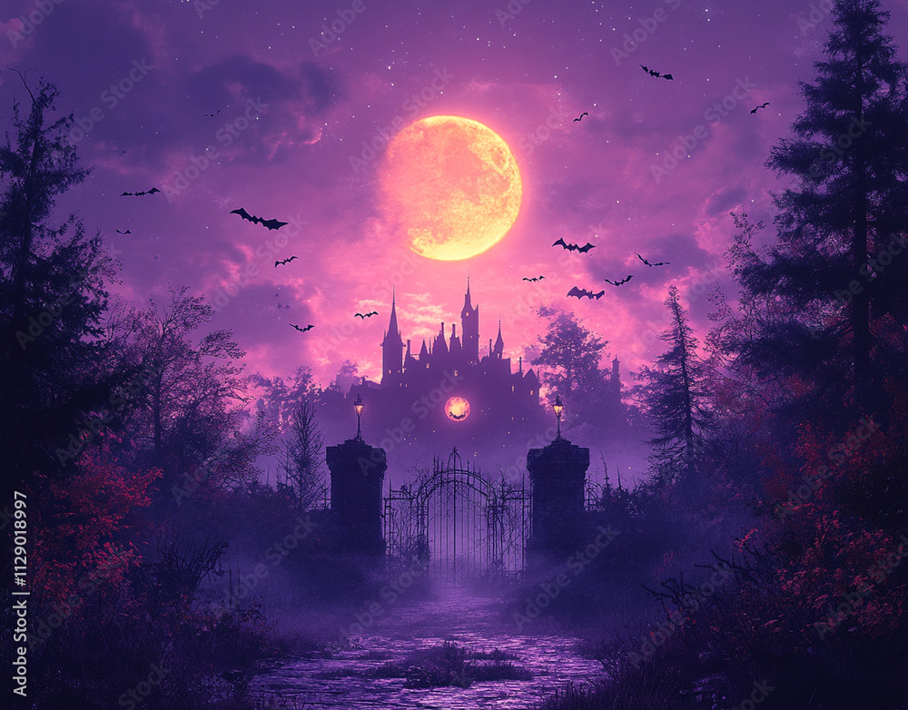 purple Halloween spooky background with old castle and full moon purple Halloween spooky background with old castle and full moon