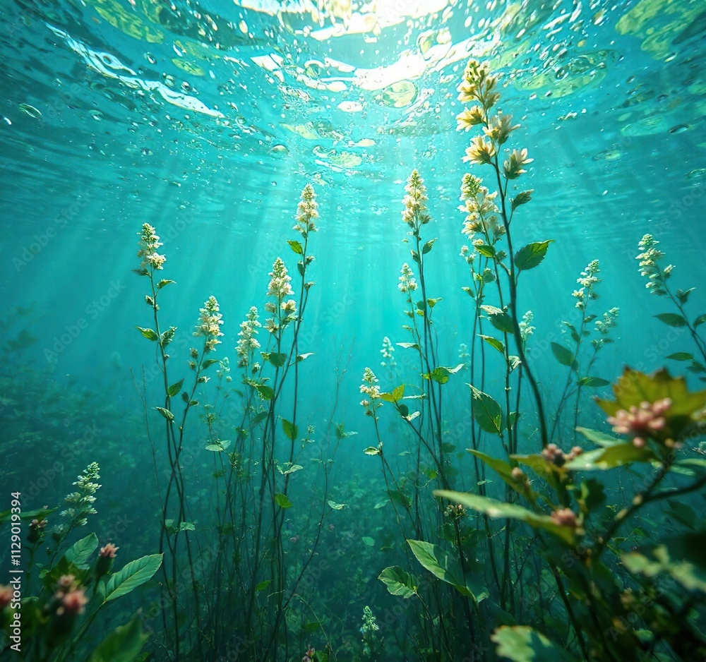Naklejka premium Underwater view of submerged aquatic plants in Leith Water, Scottish rivers, river ecology, water lilies