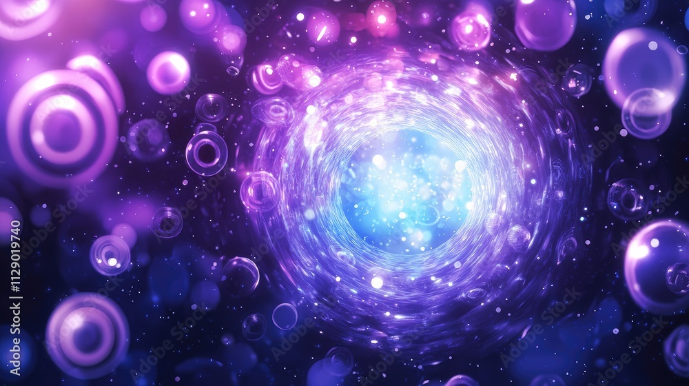 Abstract swirling vortex of purple and blue light with glowing orbs and bokeh. Abstract swirling vortex of purple and blue light with glowing orbs and bokeh.
