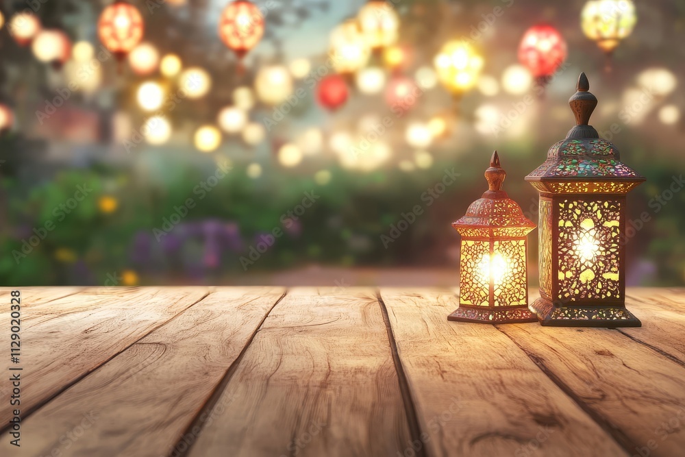 Illuminated lanterns on wooden table with bokeh lights.